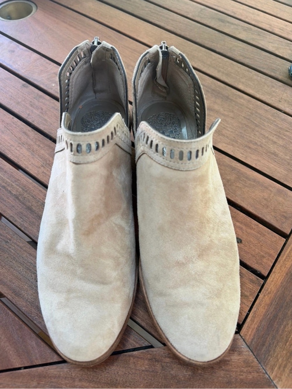 Vince Camuto Beige Suede Ankle Booties with Cutout Collar